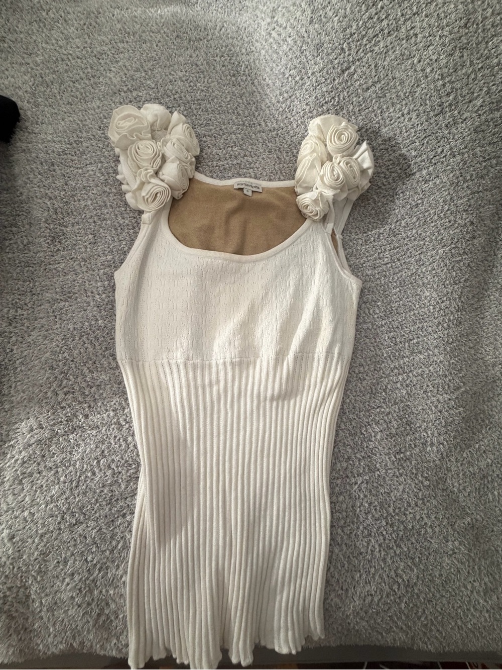 Boston Proper Cream Knit Tank with Rosette Shoulders